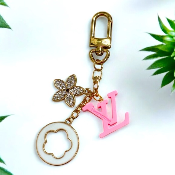 LV Stamped Upcycled Pink and Gold Floral Bag Charm - Picture 1 of 1